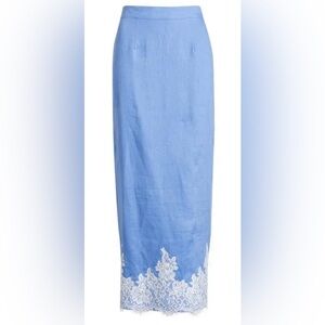 WAYF Pippa Lace Detail Linen Blend Blue Midi Skirt- Size XS